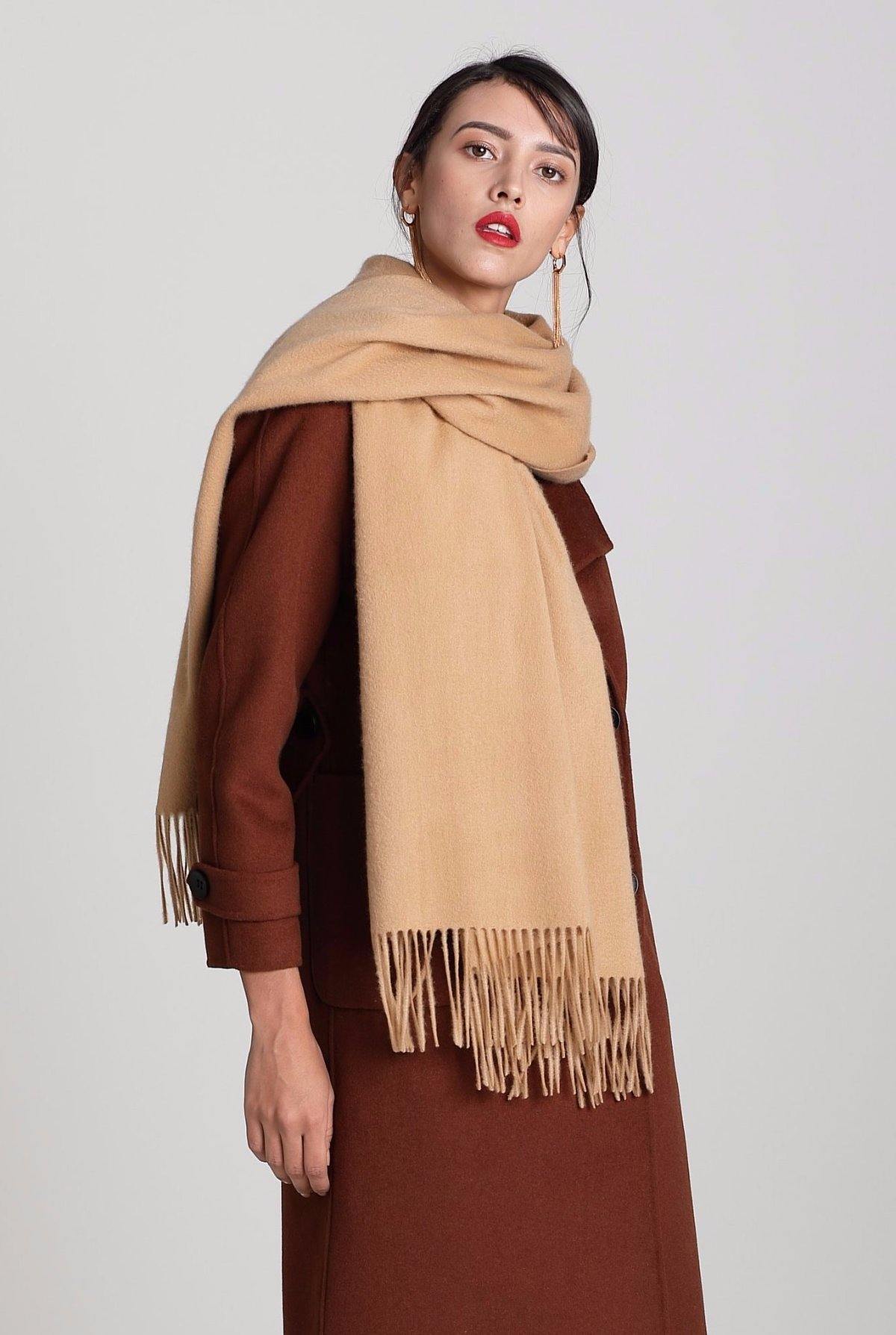 Camel Wool Fringed Blanket Scarf 100% Cashmere Blanket Scarf Camel